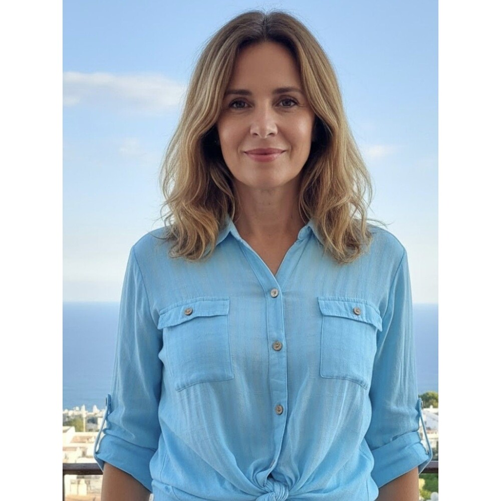 DA-SH Women’s Button Front Blouse L Blue Tie Hem 3/4 Sleeve Collared Top